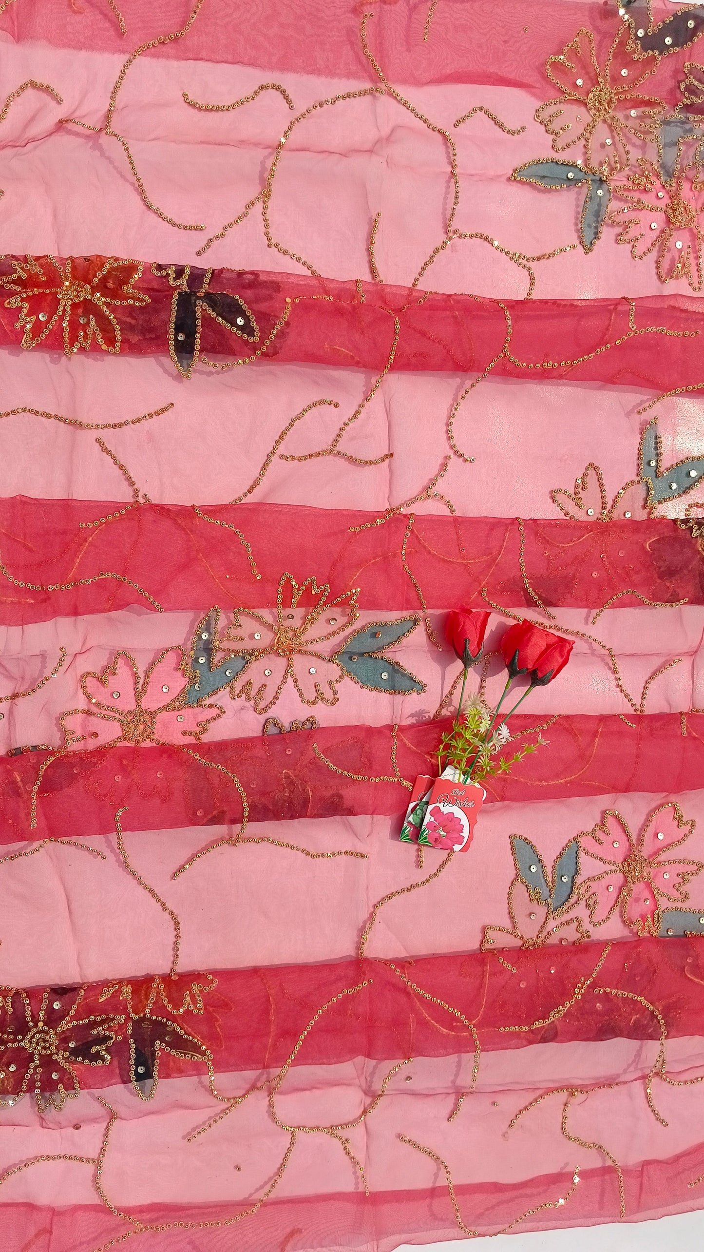 Red Hand-Painted Organza Dupatta with Golden Sequin Floral Design | Maan’s Art Fabric