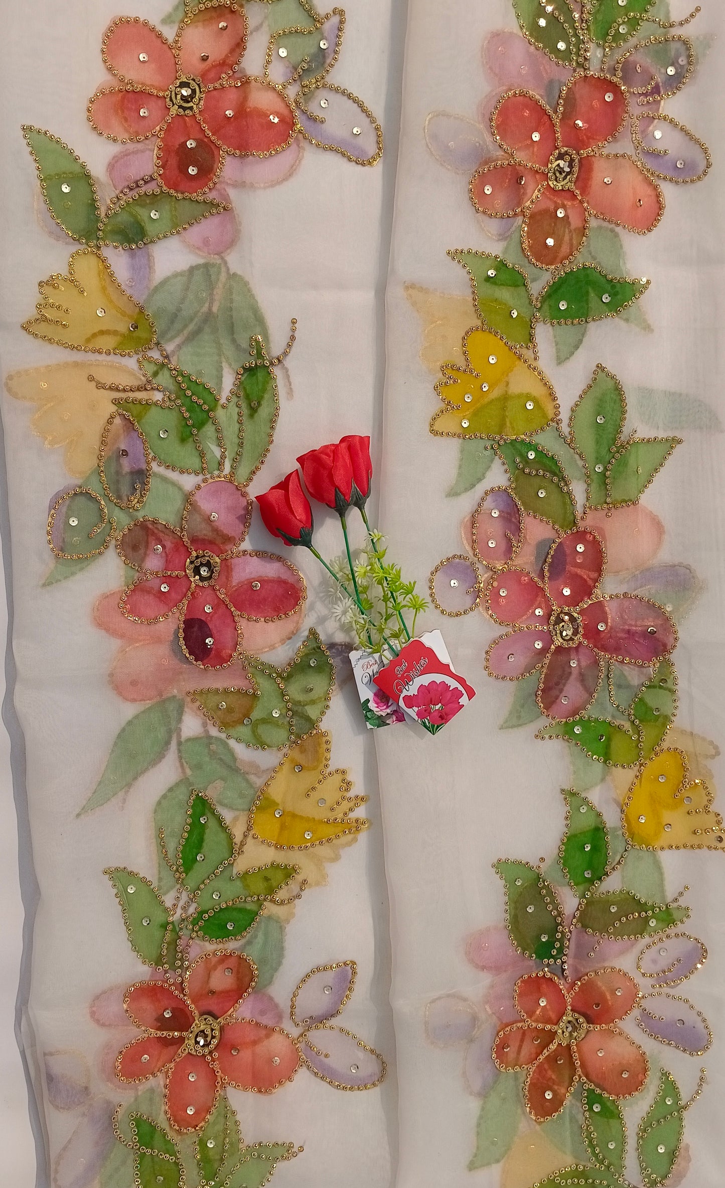 Hand-Painted Floral Organza Dupatta with Golden Sequin Work