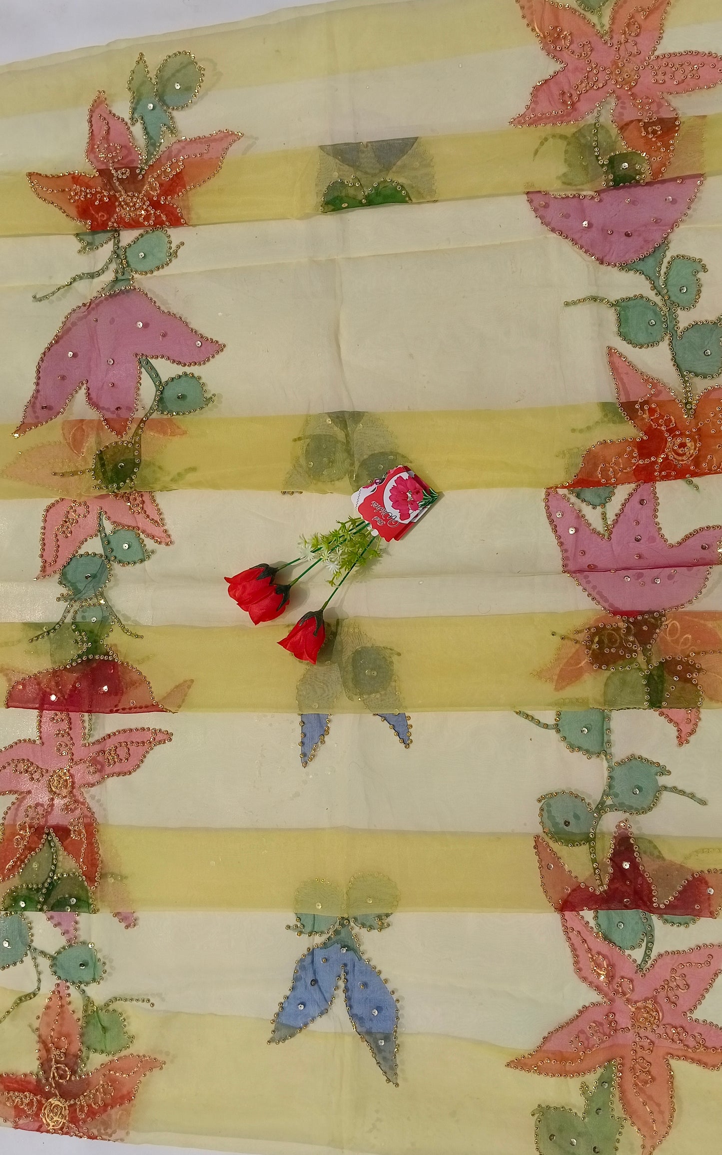Yellow Hand-Painted Organza Dupatta with Floral Design & Golden Sequin Work | Maan’s Art Fabric
