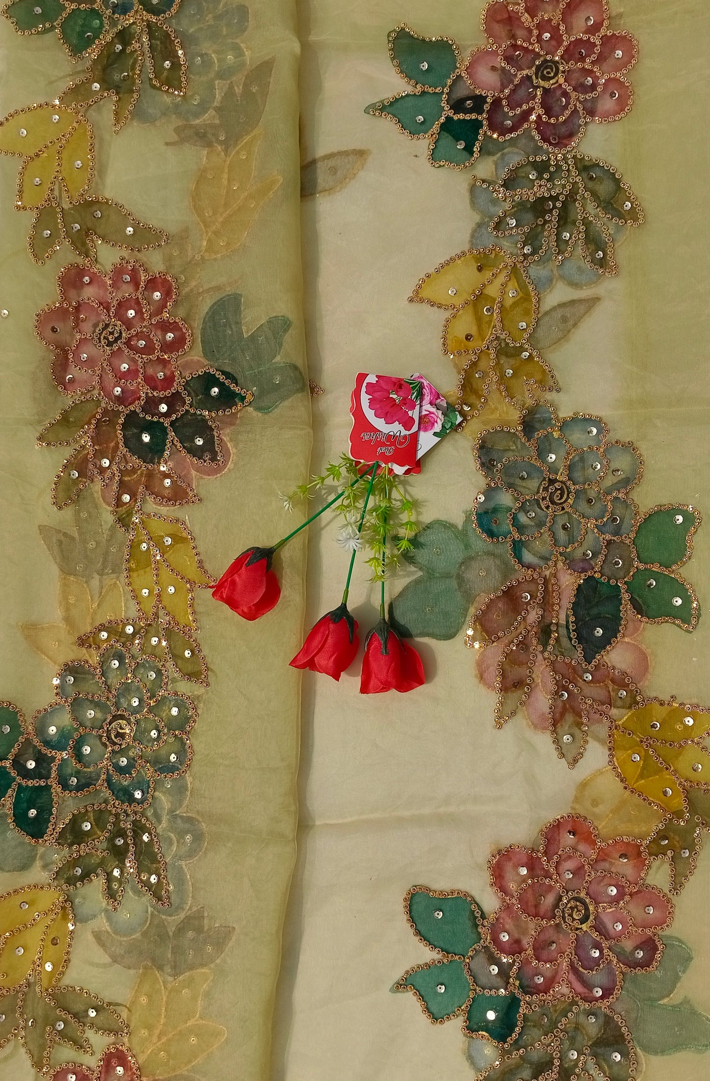 Light pista Hand-Painted Organza Dupatta with Multicolor Floral & Golden Sequin Work | Maan’s Art Fabric
