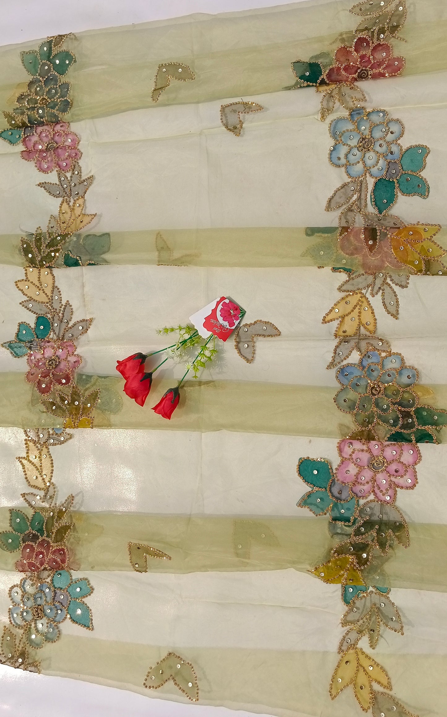 Light pista Hand-Painted Organza Dupatta with Multicolor Floral & Golden Sequin Work | Maan’s Art Fabric