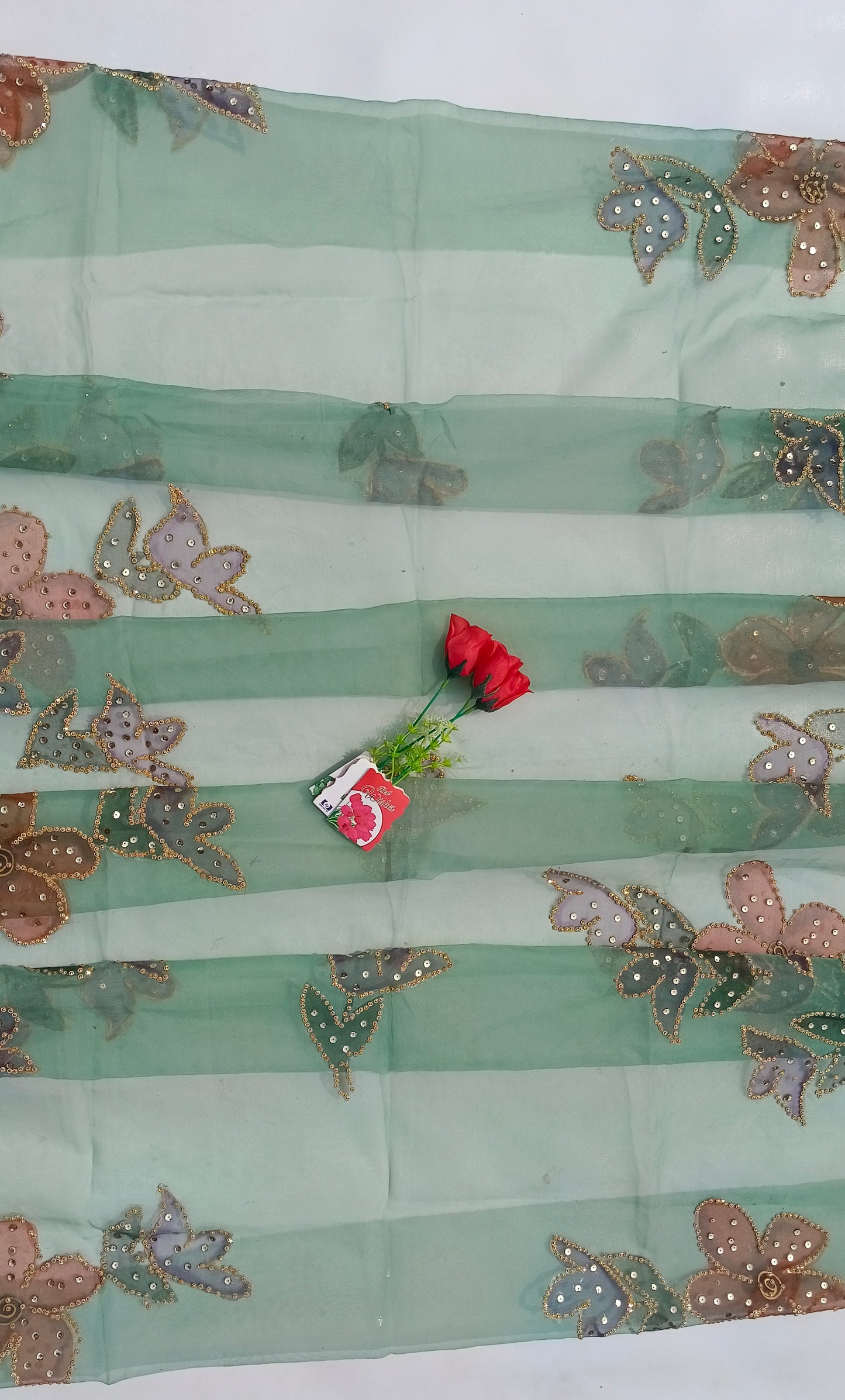 Sea Green Hand-Painted Organza Dupatta with Floral & Butterfly Golden Sequin Design | Maan’s Art Fabric