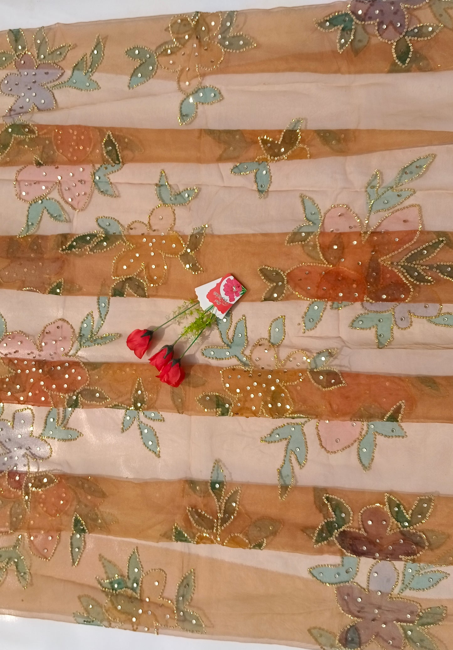 Rust Brown Hand-Painted Organza Dupatta with Golden Sequin Floral Detailing | Maan’s Art Fabric