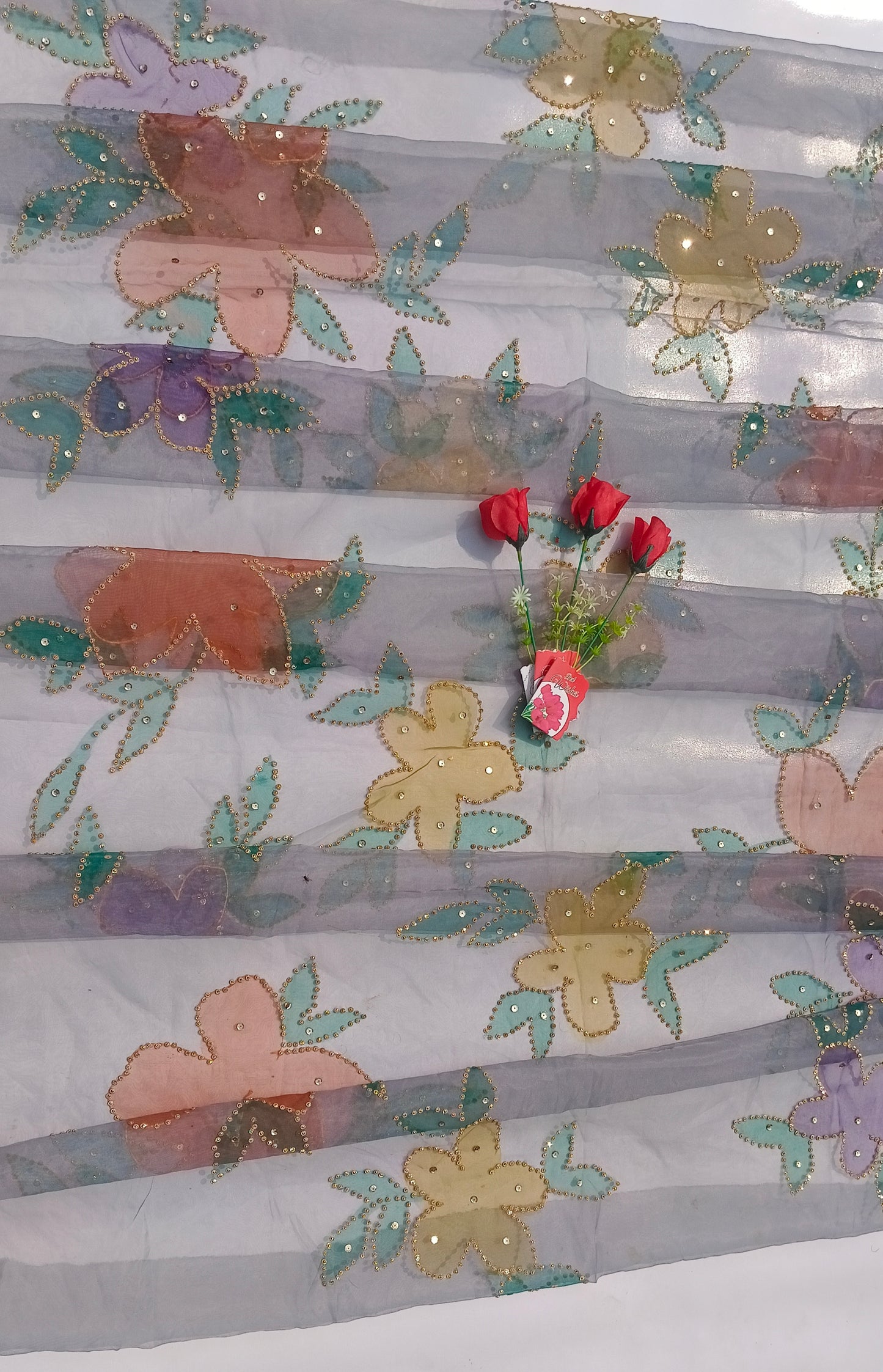 Grey Hand-Painted Organza Dupatta with Multicolor Floral & Golden Sequin Detailing | Maan’s Art Fabric