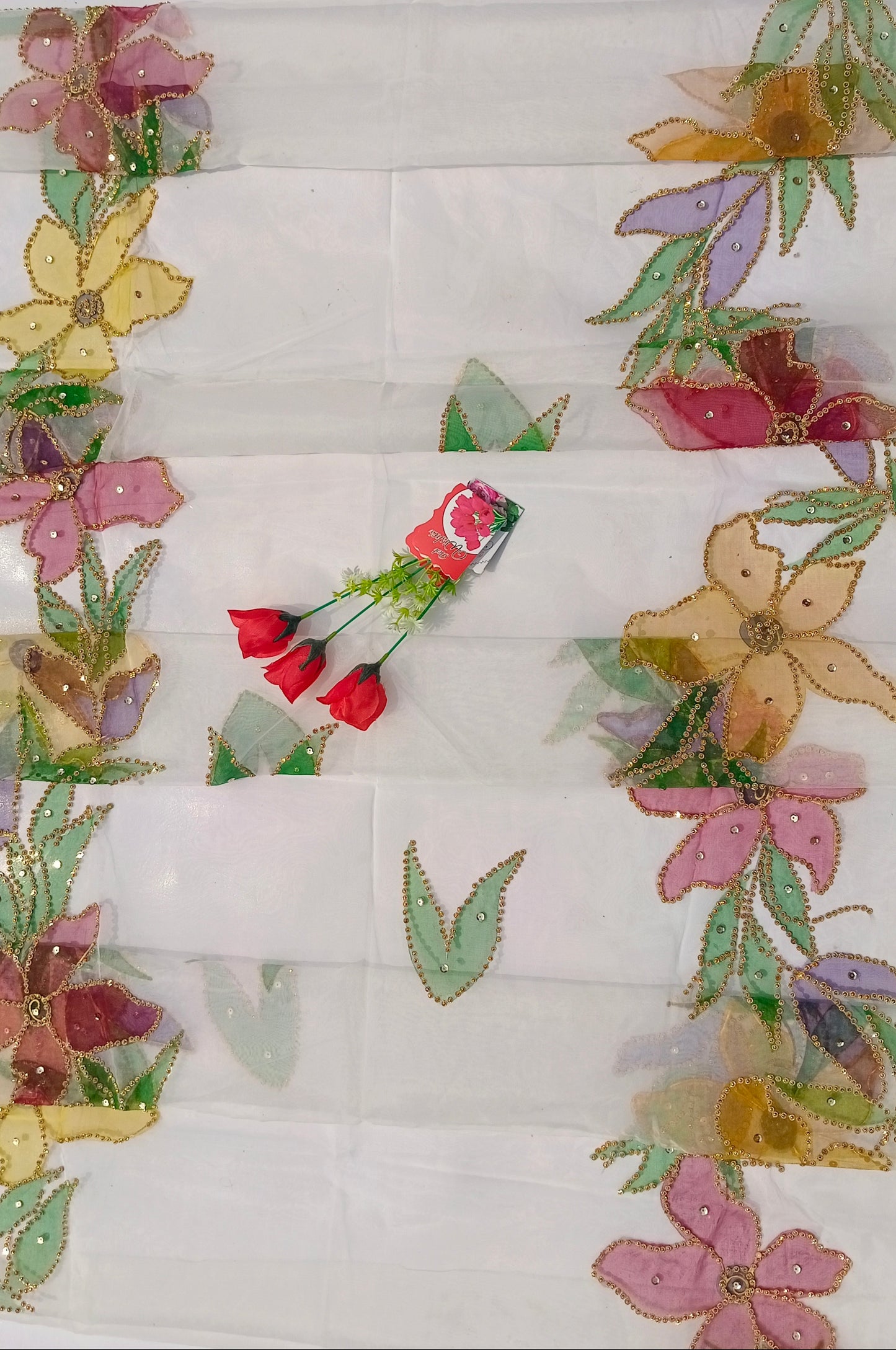 Pure White Hand-Painted Organza Dupatta with Golden Sequin Embellishments | Maan’s Art Fabric