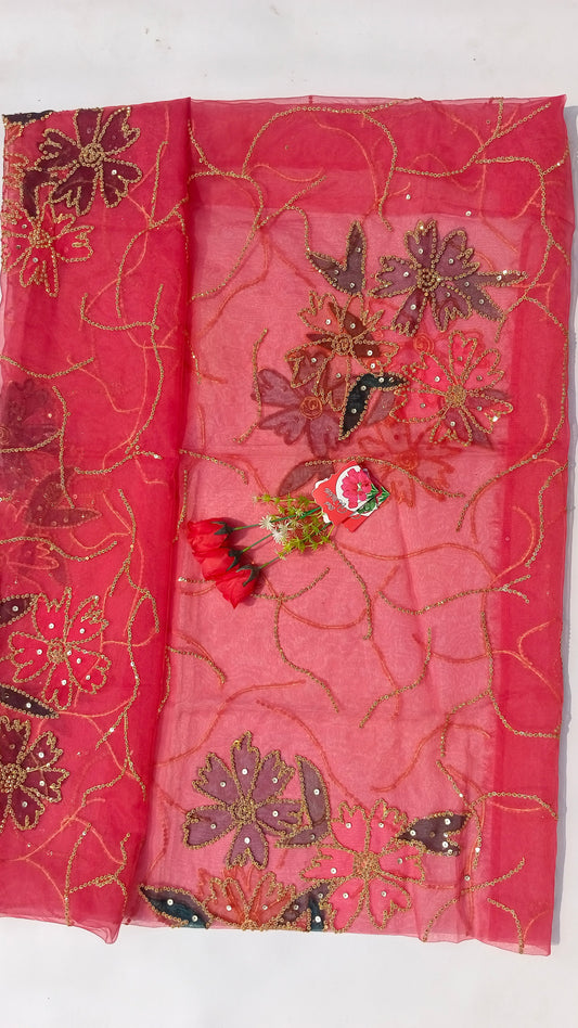 Red Hand-Painted Organza Dupatta with Golden Sequin Floral Design | Maan’s Art Fabric