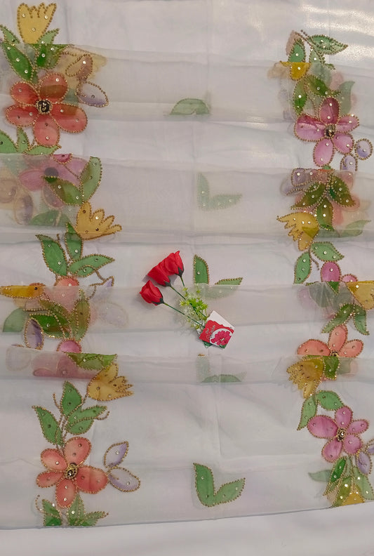Hand-Painted Floral Organza Dupatta with Golden Sequin Work