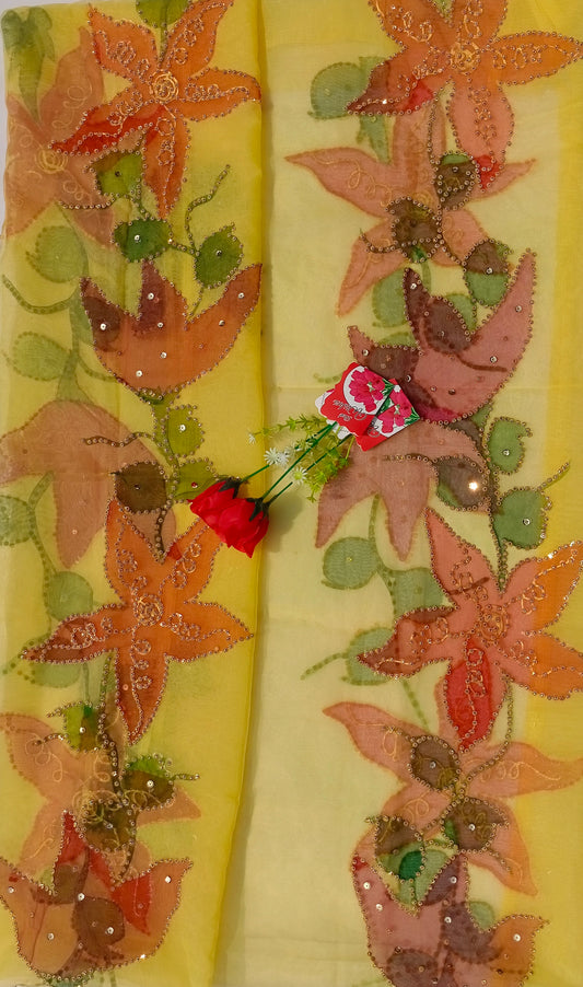 Yellow Hand-Painted Organza Dupatta with Floral Design & Golden Sequin Work | Maan’s Art Fabric