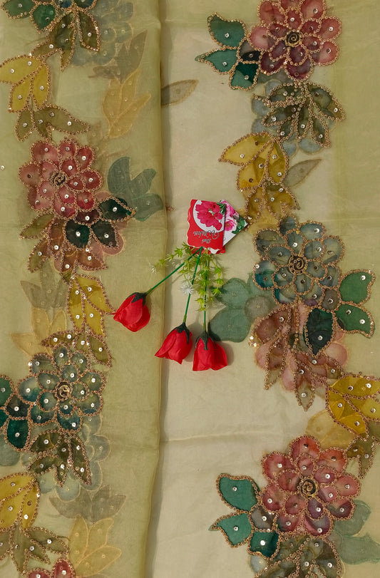 Light pista Hand-Painted Organza Dupatta with Multicolor Floral & Golden Sequin Work | Maan’s Art Fabric