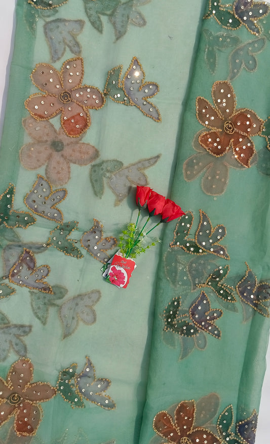 Sea Green Hand-Painted Organza Dupatta with Floral & Butterfly Golden Sequin Design | Maan’s Art Fabric