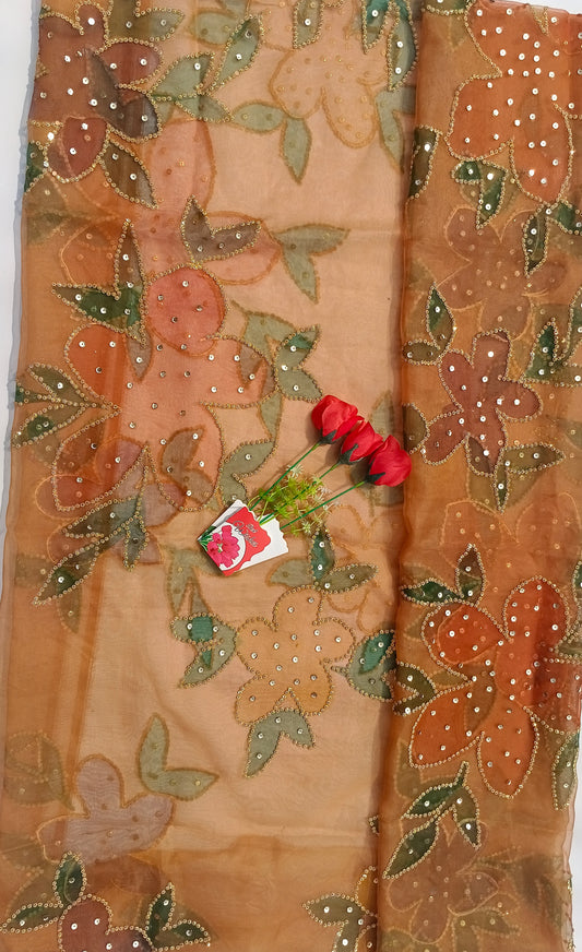 Rust Brown Hand-Painted Organza Dupatta with Golden Sequin Floral Detailing | Maan’s Art Fabric