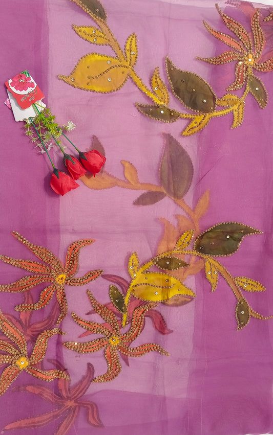 Purple Hand-Painted Organza Dupatta with Golden Sequin Floral & Leaf Detailing | Maan’s Art Fabric