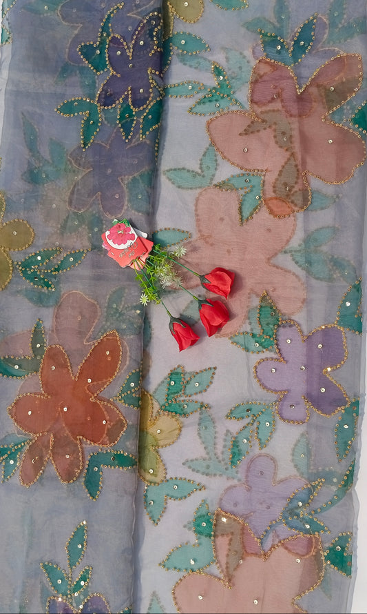 Grey Hand-Painted Organza Dupatta with Multicolor Floral & Golden Sequin Detailing | Maan’s Art Fabric