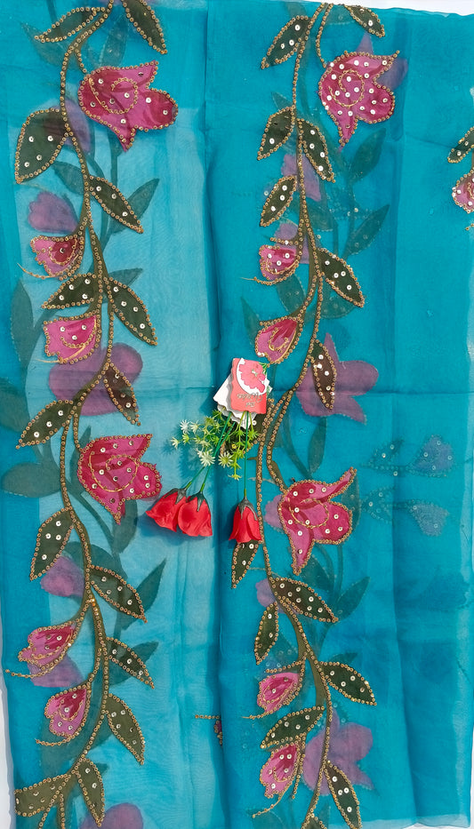 Teal Blue Hand-Painted Organza Dupatta with Pink Floral & Golden Sequin Detailing | Maan’s Art Fabric